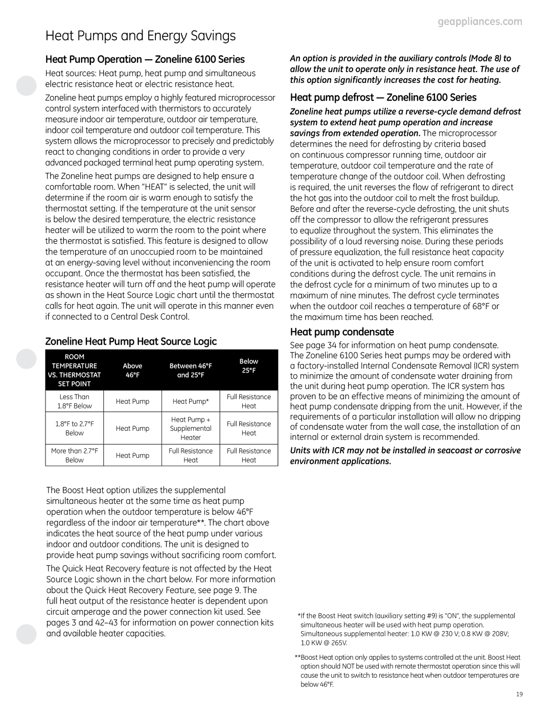 GE 4100 manual Heat Pump Operation Zoneline 6100 Series, Zoneline Heat Pump Heat Source Logic, Heat pump condensate 