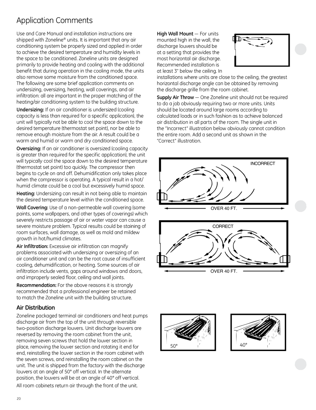 GE 6100, 4100 manual Application Comments, Air Distribution, High Wall Mount For units 