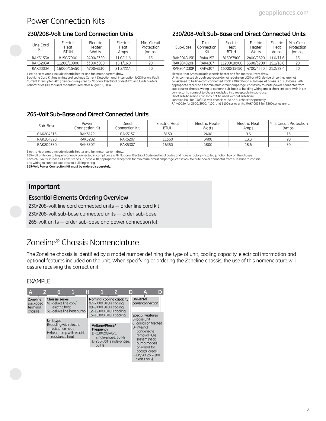 GE 4100, 6100 manual Power Connection Kits, Zoneline Chassis Nomenclature, 230/208-Volt Line Cord Connection Units 