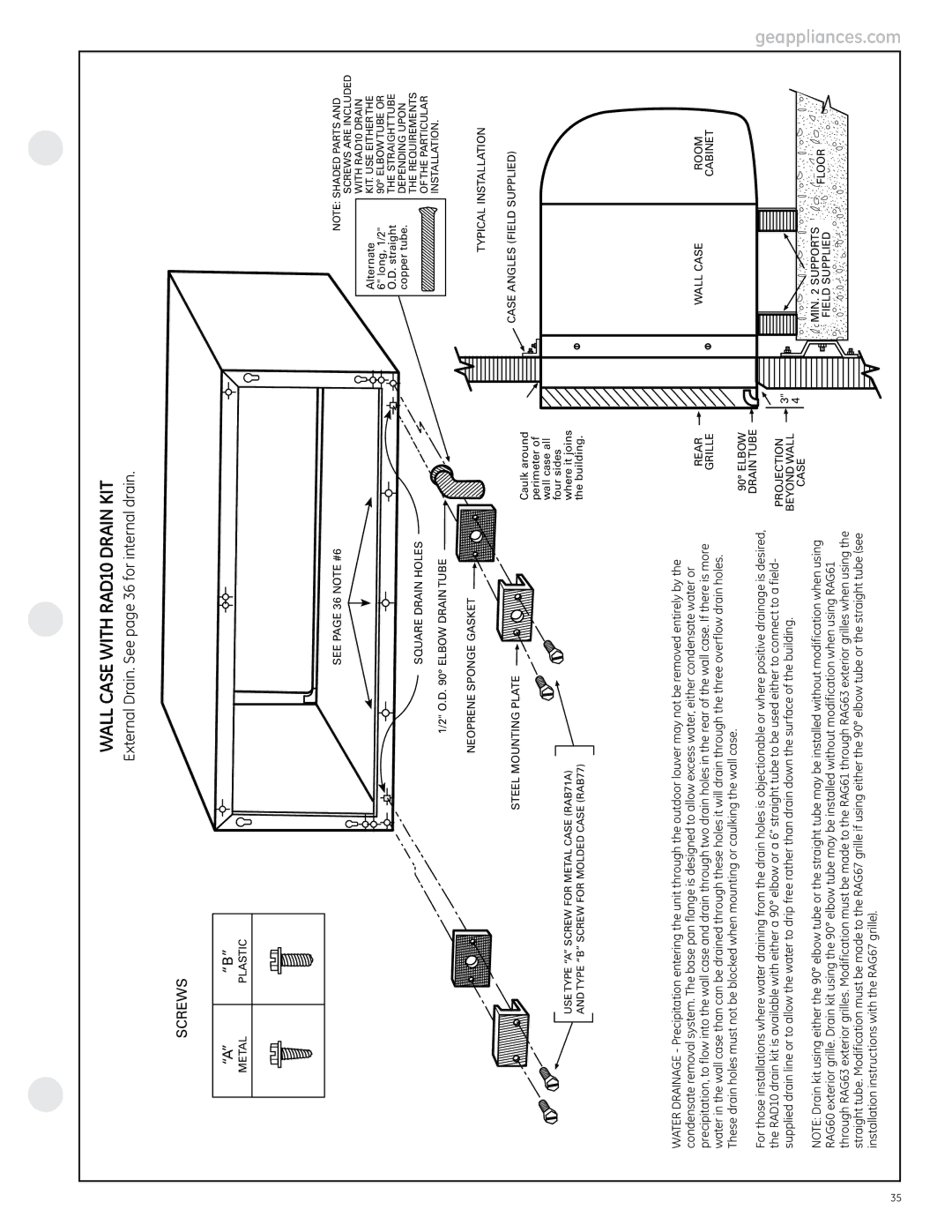 GE 4100, 6100 manual Wall Case with RAD10 Drain KIT, External Drain. See page 36 for internal drain 