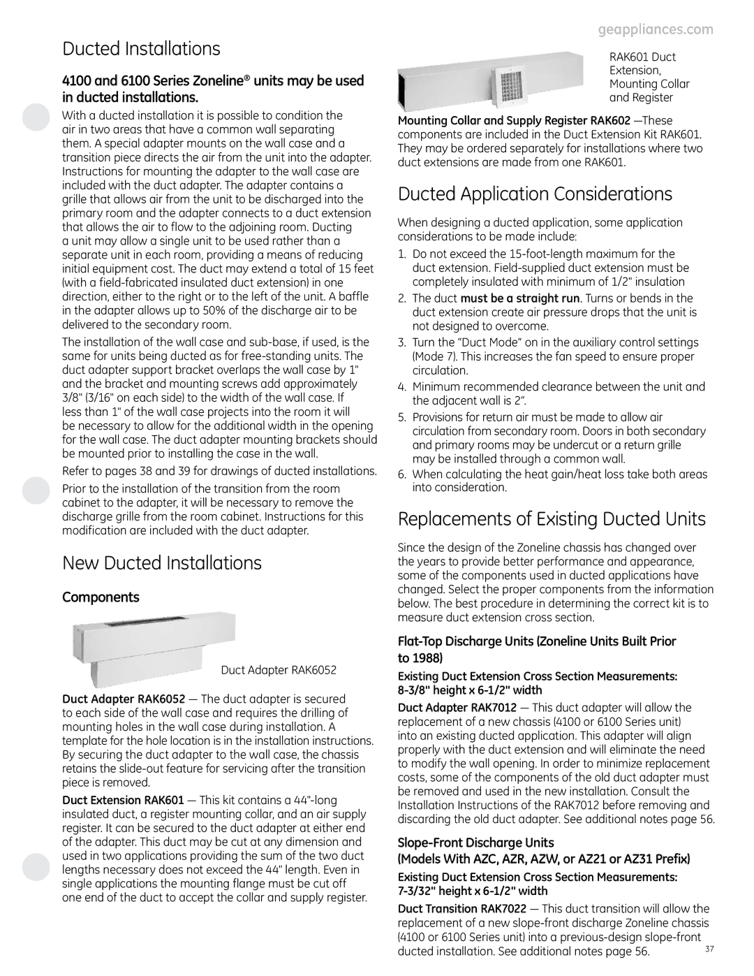 GE 4100 New Ducted Installations, Ducted Application Considerations, Replacements of Existing Ducted Units, Components 