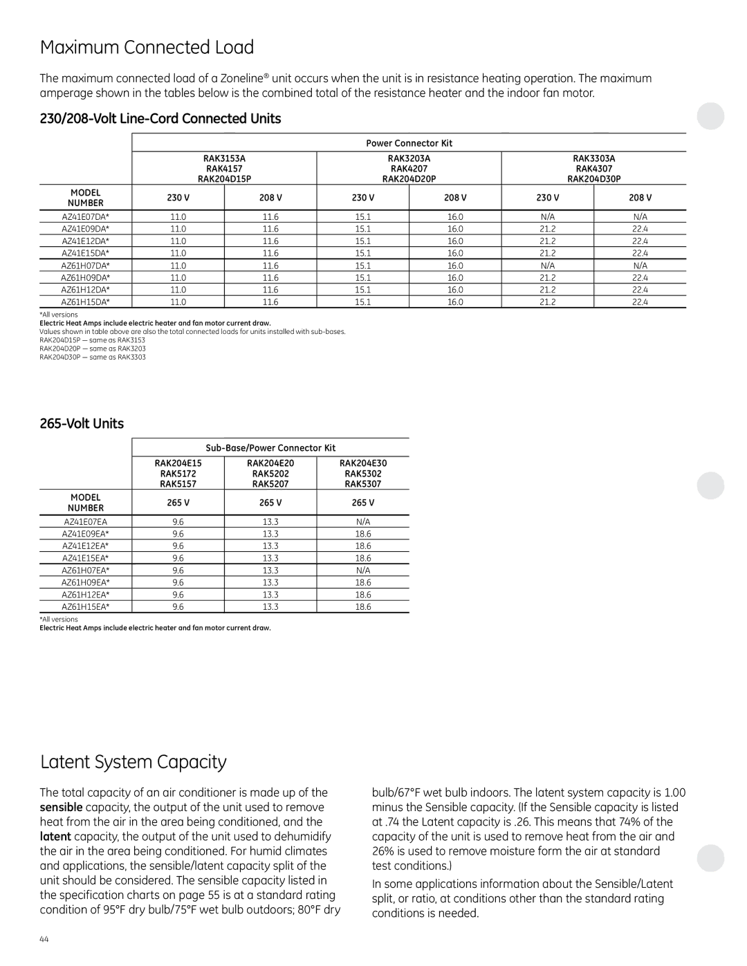 GE 6100, 4100 manual Maximum Connected Load, Latent System Capacity, Volt Units 