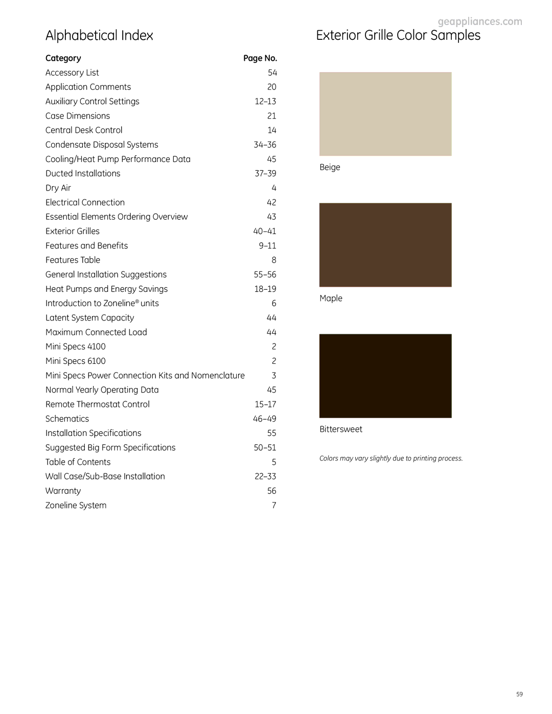 GE 4100, 6100 manual Alphabetical Index, Exterior Grille Color Samples, Category, Beige Maple Bittersweet 