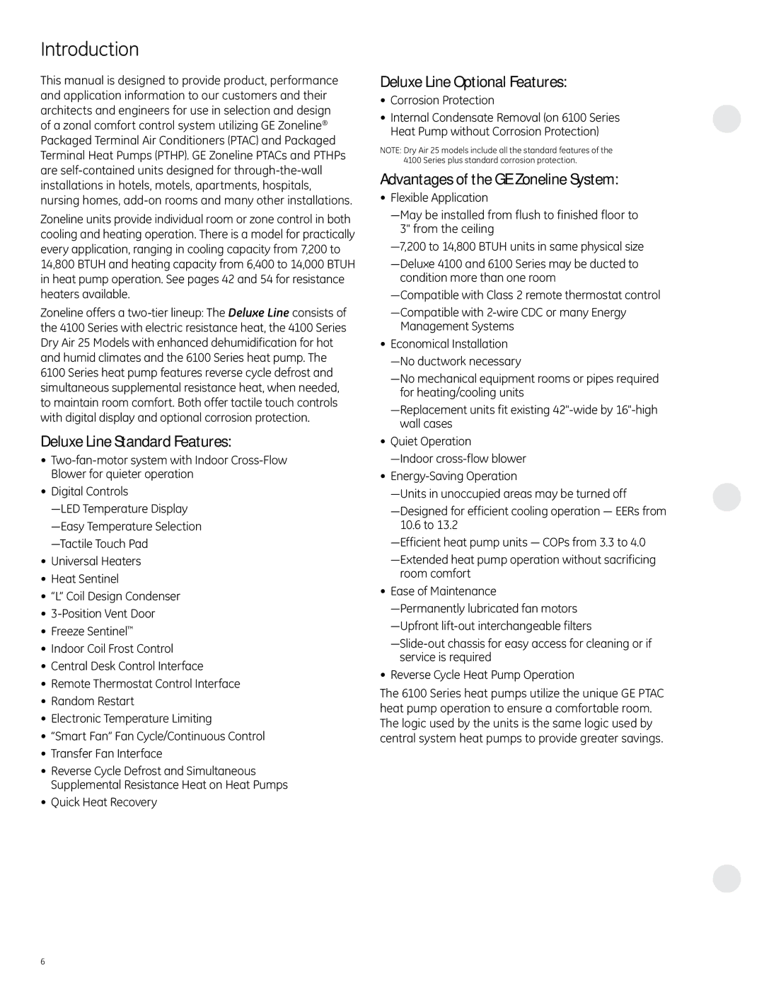 GE 6100 Introduction, Deluxe Line Standard Features, Deluxe Line Optional Features, Advantages of the GE Zoneline System 