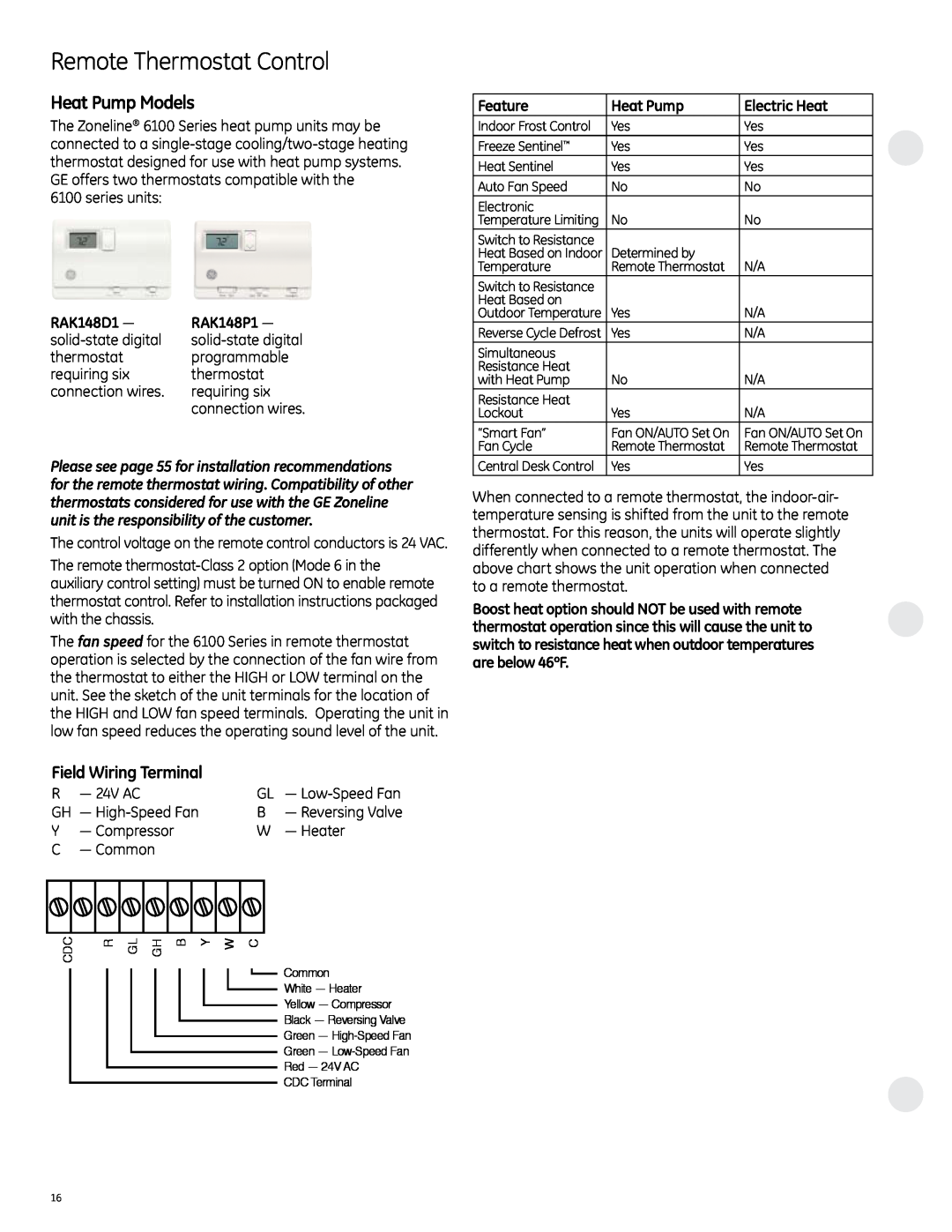 GE 6100 Heat Pump Models, Remote Thermostat Control, Field Wiring Terminal, RAK148D1, RAK148P1, Feature, Electric Heat 