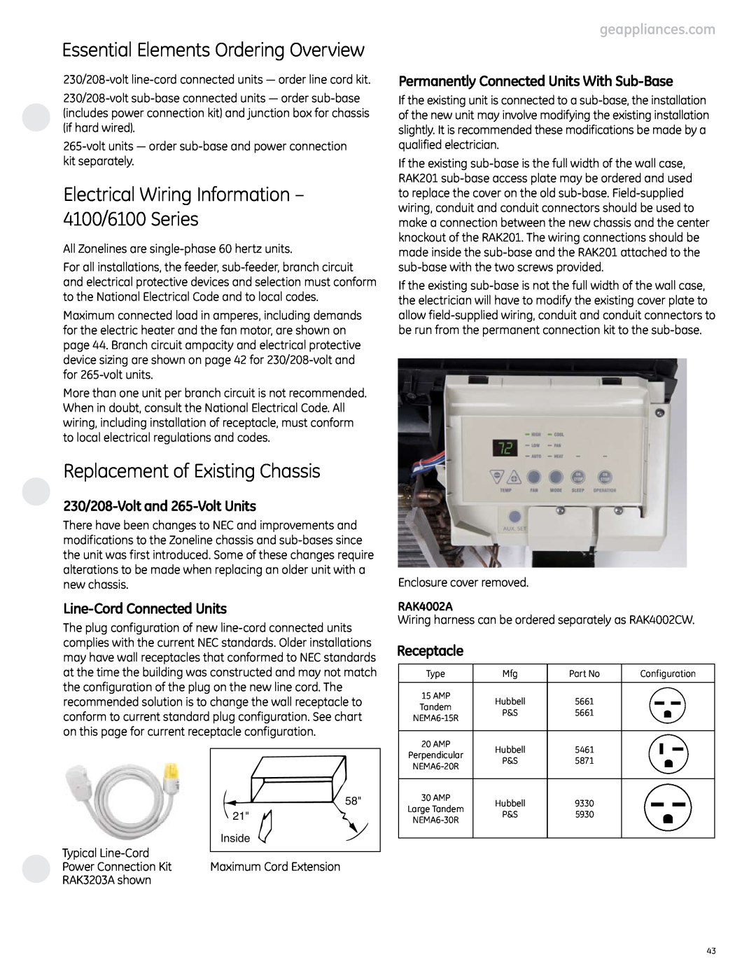 GE Essential Elements Ordering Overview, Electrical Wiring Information - 4100/6100 Series, Line-CordConnected Units 