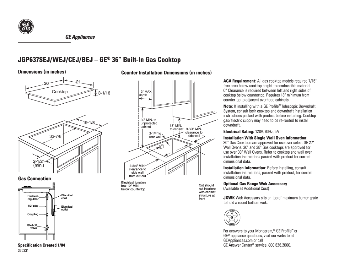 GE 6204 dimensions GE Appliances, Counter Installation Dimensions in inches, Gas Connection, Cooktop, 3-1/16 