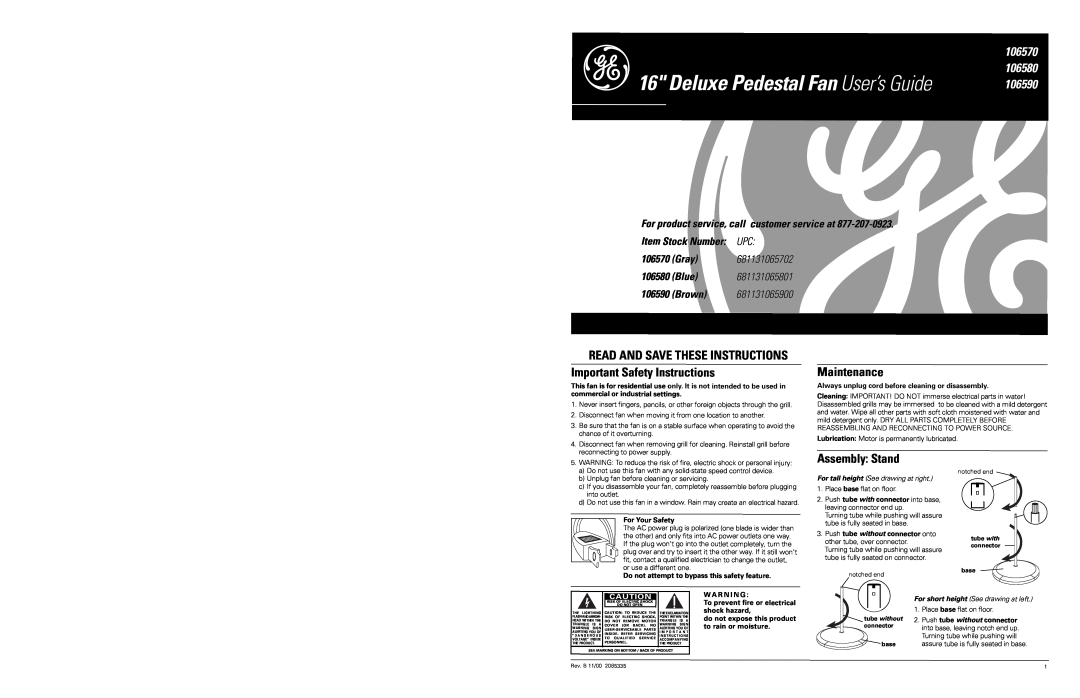 GE 681131065702 important safety instructions e16 Deluxe Pedestal Fan User’s Guide, Read And Save These Instructions 