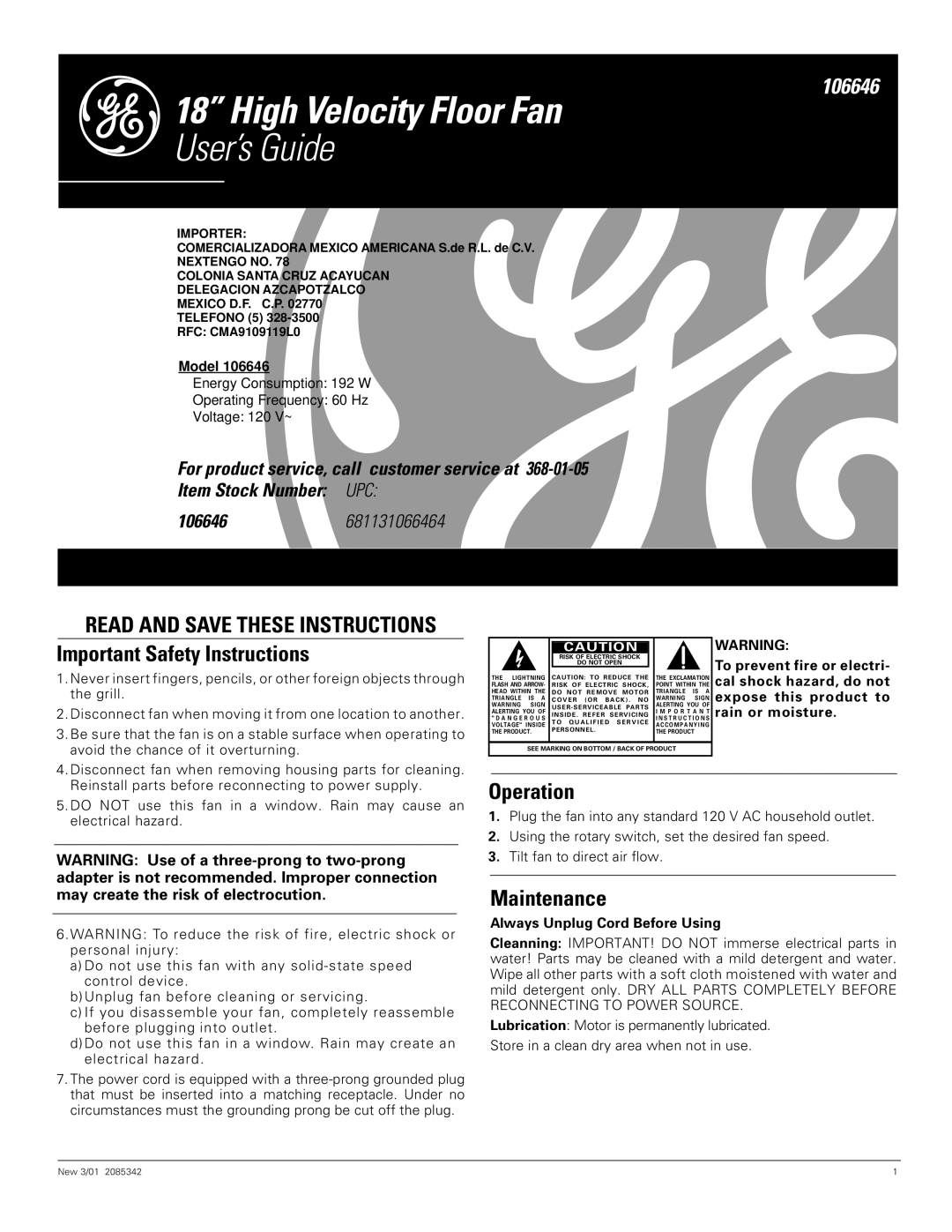 GE 681131066464 important safety instructions Operation, Maintenance 