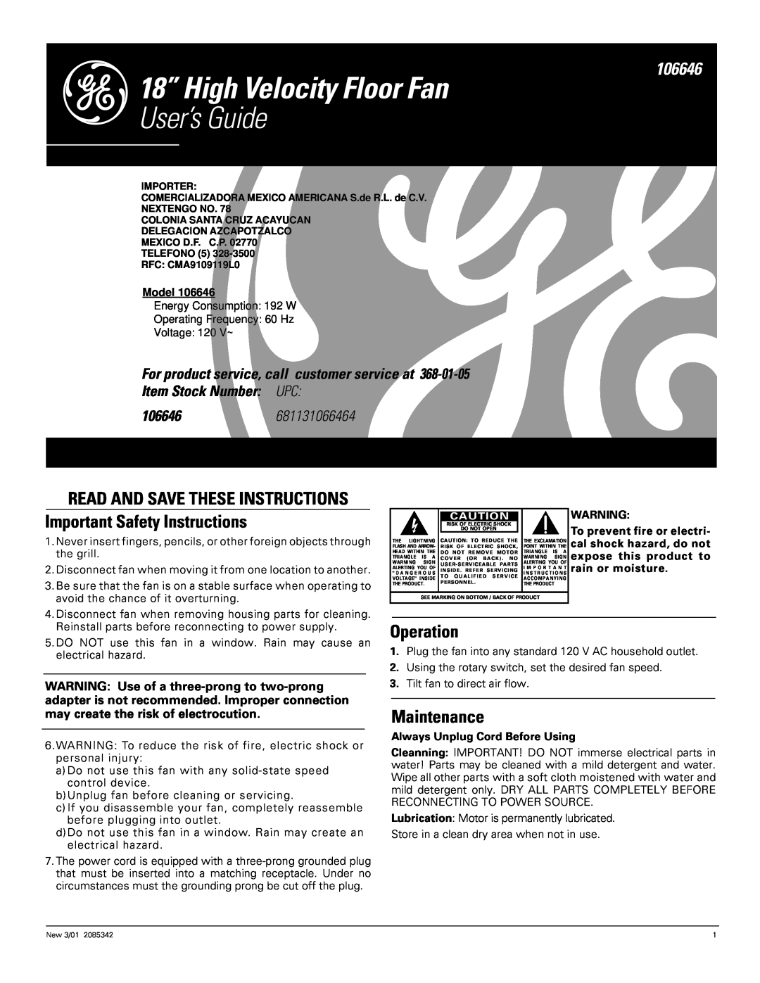 GE important safety instructions e18” High Velocity Floor Fan, Operation, Maintenance, User’s Guide, 681131066464 