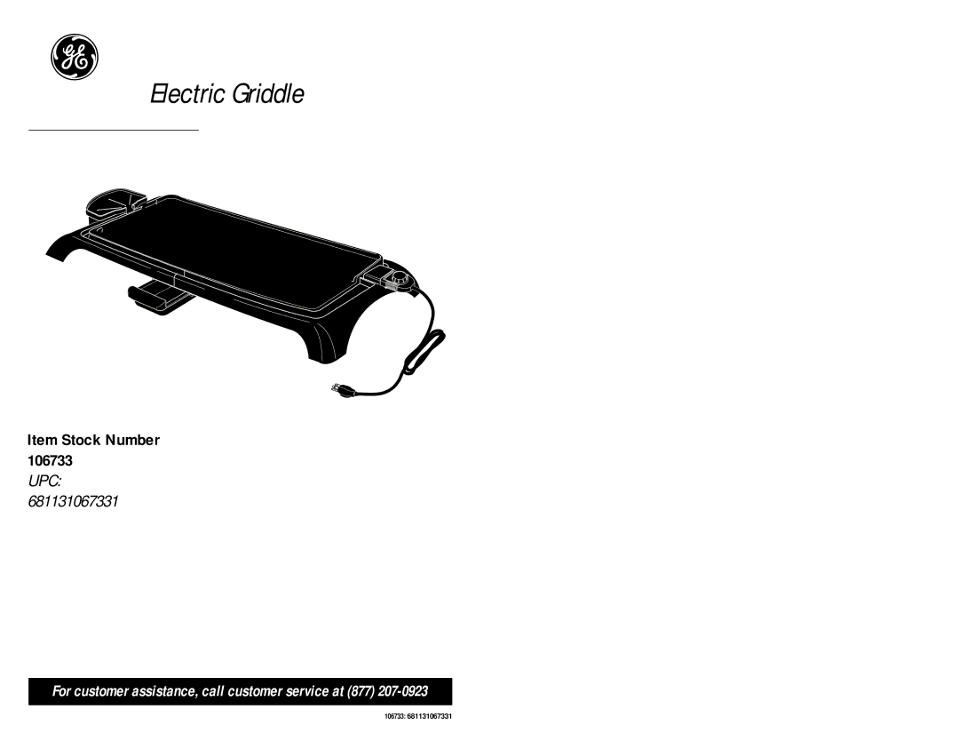 GE 681131067331 manual Electric Griddle 