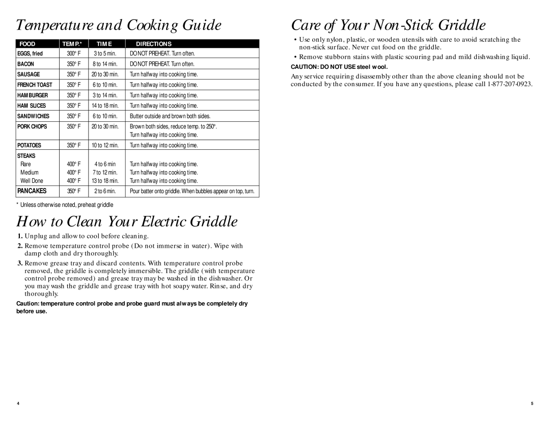 GE 681131067331 manual Temperature and Cooking Guide, How to Clean Your Electric Griddle, Care of Your Non-Stick Griddle 