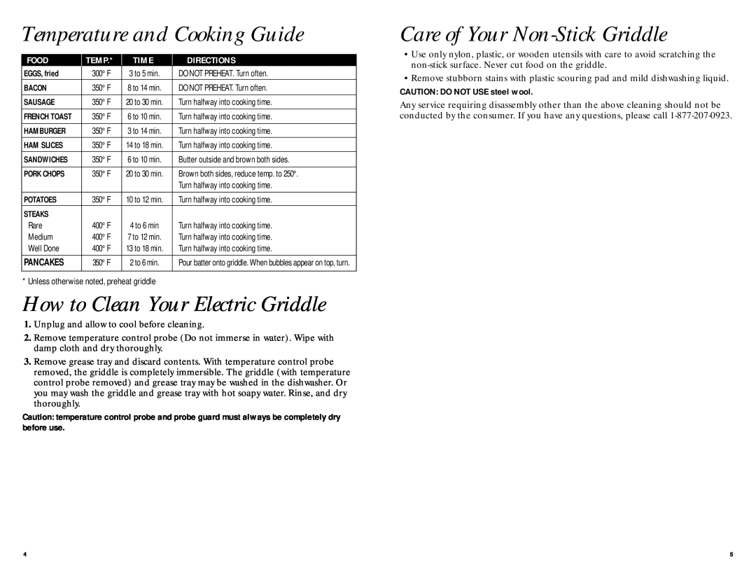 GE 681131067331 Temperature and Cooking Guide, How to Clean Your Electric Griddle, Care of Your Non-StickGriddle, Food 