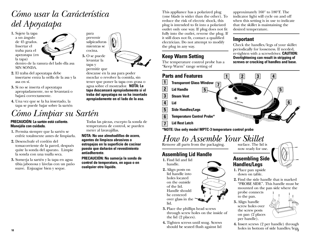 GE 681131067492 warranty Cómo Límpiar su Sartén, How to Assemble Your Skillet, Keep Warm Setting, Assembling Lid Handle 