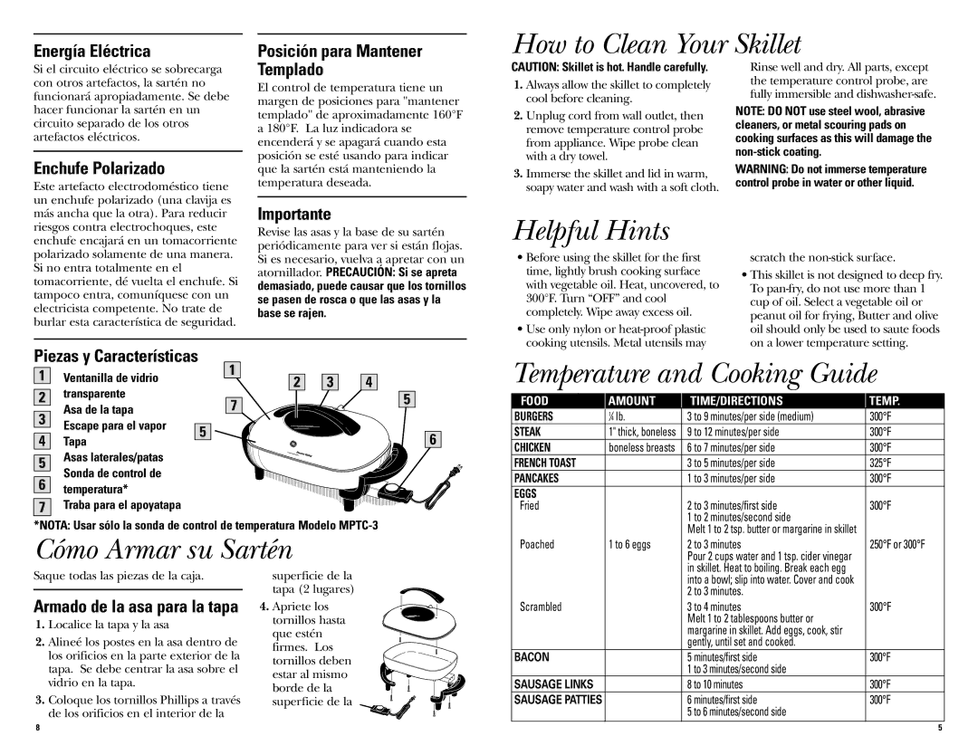 GE 681131067492 warranty How to Clean Your Skillet, Helpful Hints, Temperature and Cooking Guide, Cómo Armar su Sartén 