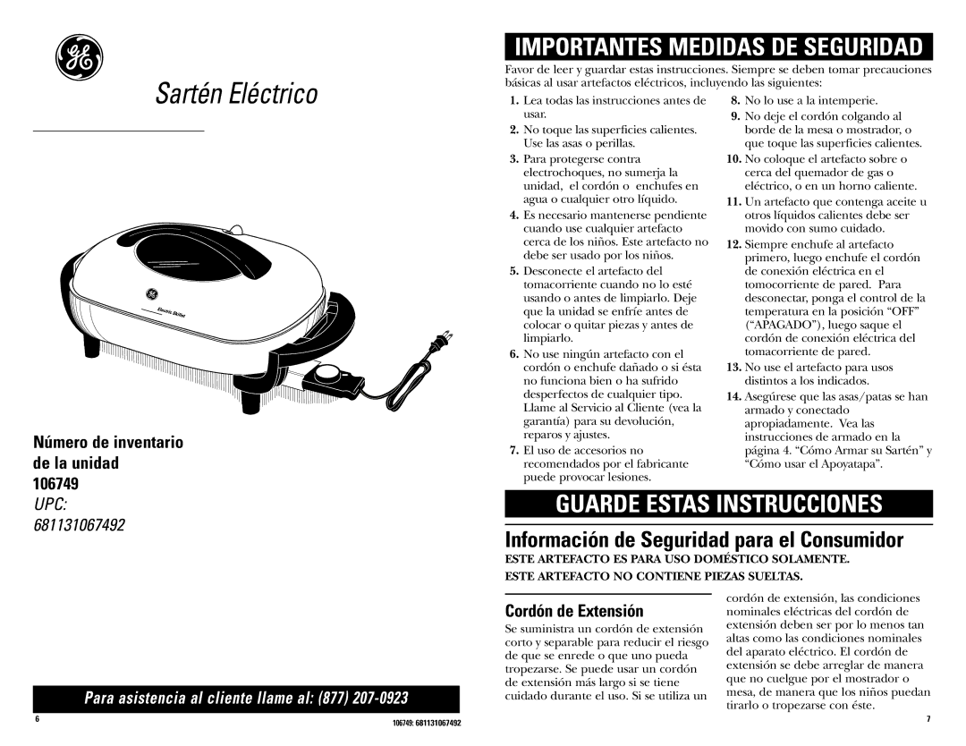 GE 681131067492 warranty Sartén Eléctrico, Número de inventario de la unidad, Cordón de Extensión 