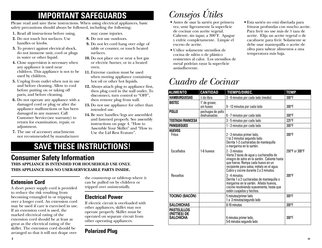 GE 681131067492 warranty Consejos Útiles, Cuadro de Cocinar, Consumer Safety Information 