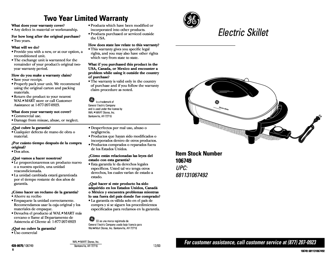 GE 681131067492 warranty Electric Skillet, Two Year Limited Warranty, Item Stock Number, Upc 