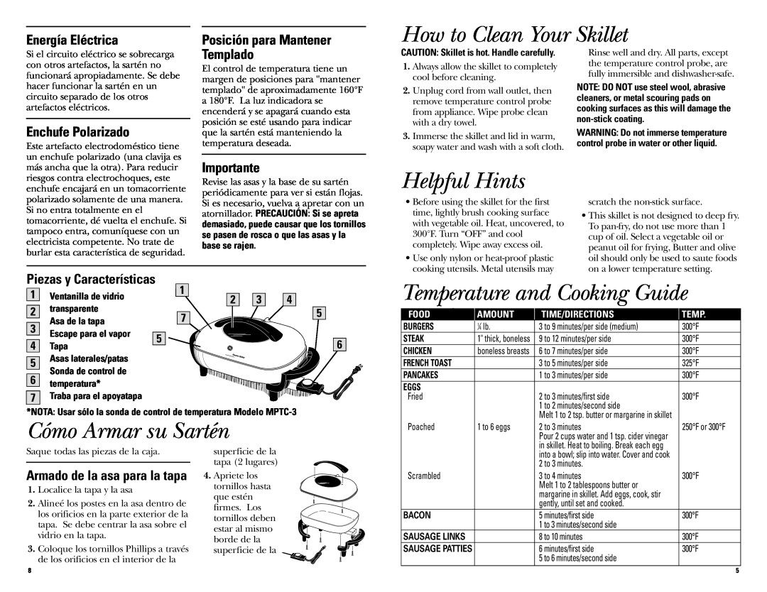 GE 681131067492 How to Clean Your Skillet, Helpful Hints, Temperature and Cooking Guide, Cómo Armar su Sartén, Templado 