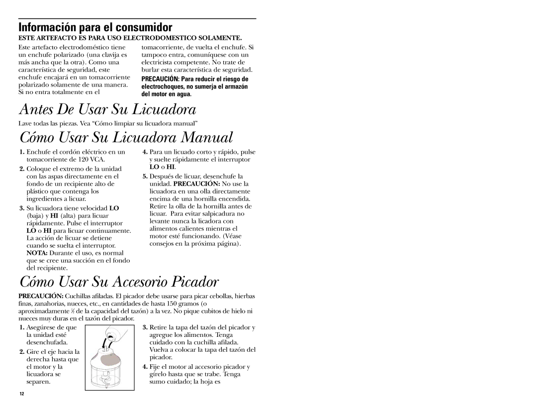GE 681131067577 warranty Antes De Usar Su Licuadora, Cómo Usar Su Licuadora Manual, Cómo Usar Su Accesorio Picador 