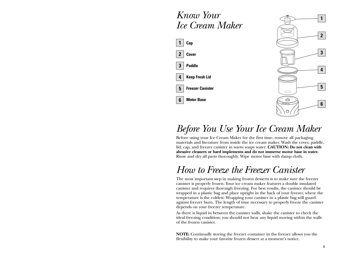 GE 681131067652 warranty Know Your Ice Cream Maker, Before You Use Your Ice Cream Maker, How to Freeze the Freezer Canister 