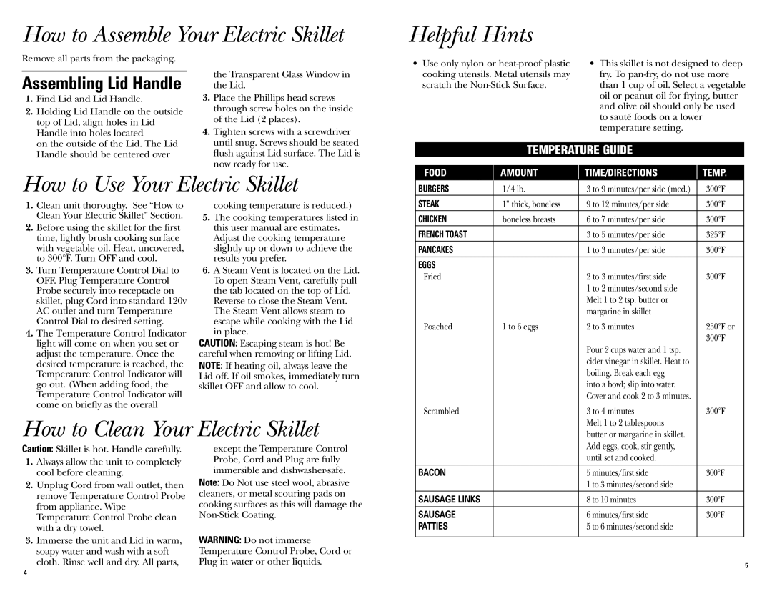 GE 681131068185 manual How to Assemble Your Electric Skillet Helpful Hints, How to Use Your Electric Skillet 