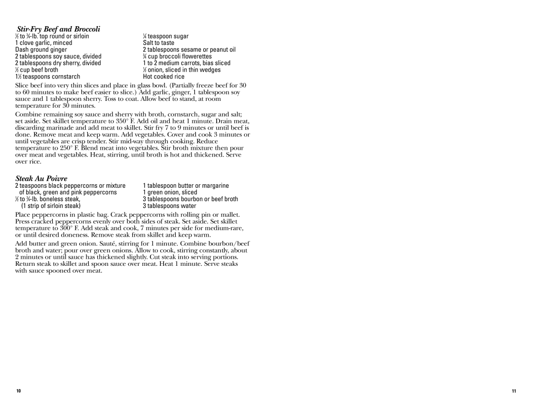 GE 681131068185 manual Stir-Fry Beef and Broccoli, Steak Au Poivre, Strip of sirloin steak Tablespoons water 