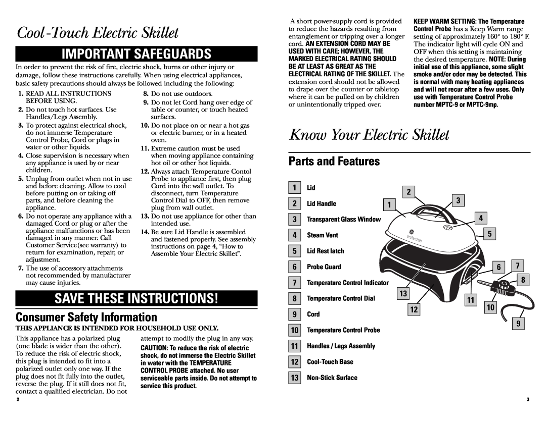 GE 681131068185 Cool -Touch Electric Skillet, Know Your Electric Skillet, Parts and Features, Consumer Safety Information 
