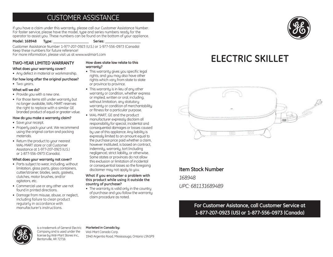 GE 681131689489 warranty Customer Assistance, Model 