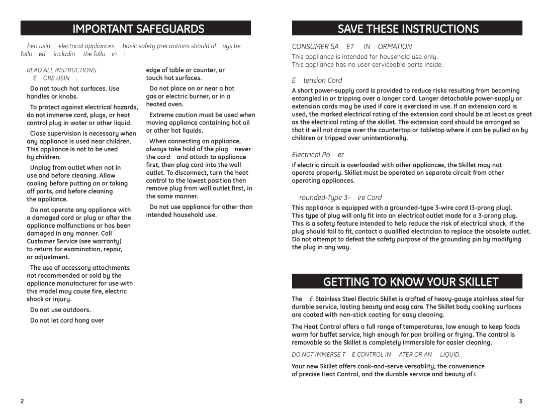 GE 681131689489 warranty Important Safeguards, Getting to Know Your Skillet, Extension Cord, Electrical Power 