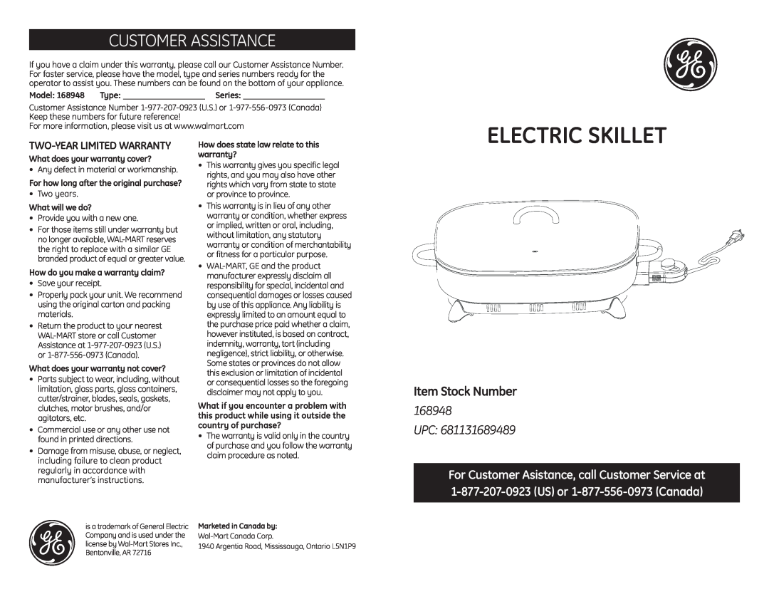 GE 681131689489 warranty Customer Assistance, Electric Skillet, Item Stock Number, 168948 UPC, Two-Yearlimited Warranty 