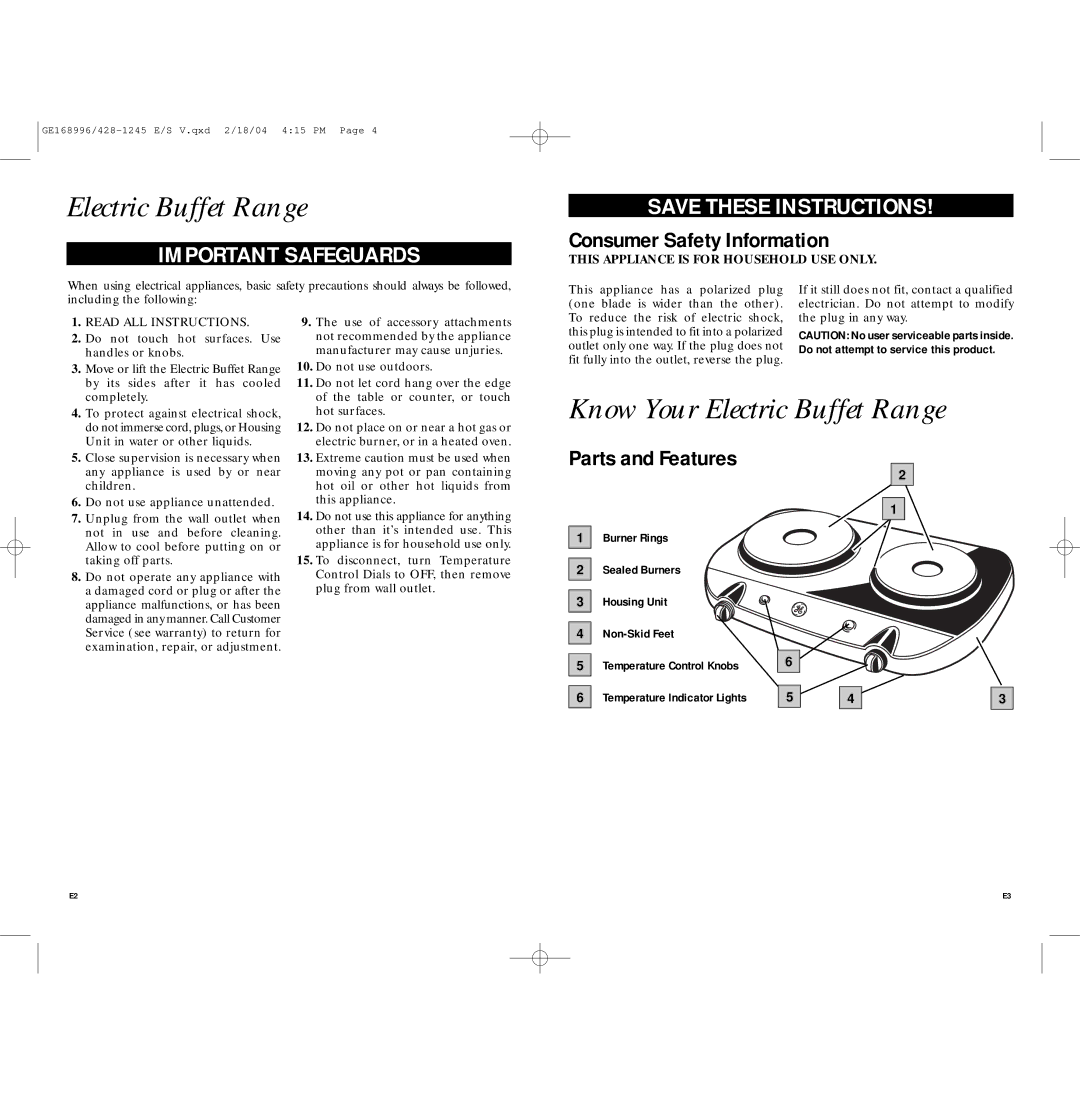 GE 681131689960 warranty Know Your Electric Buffet Range, Consumer Safety Information, Parts and Features 