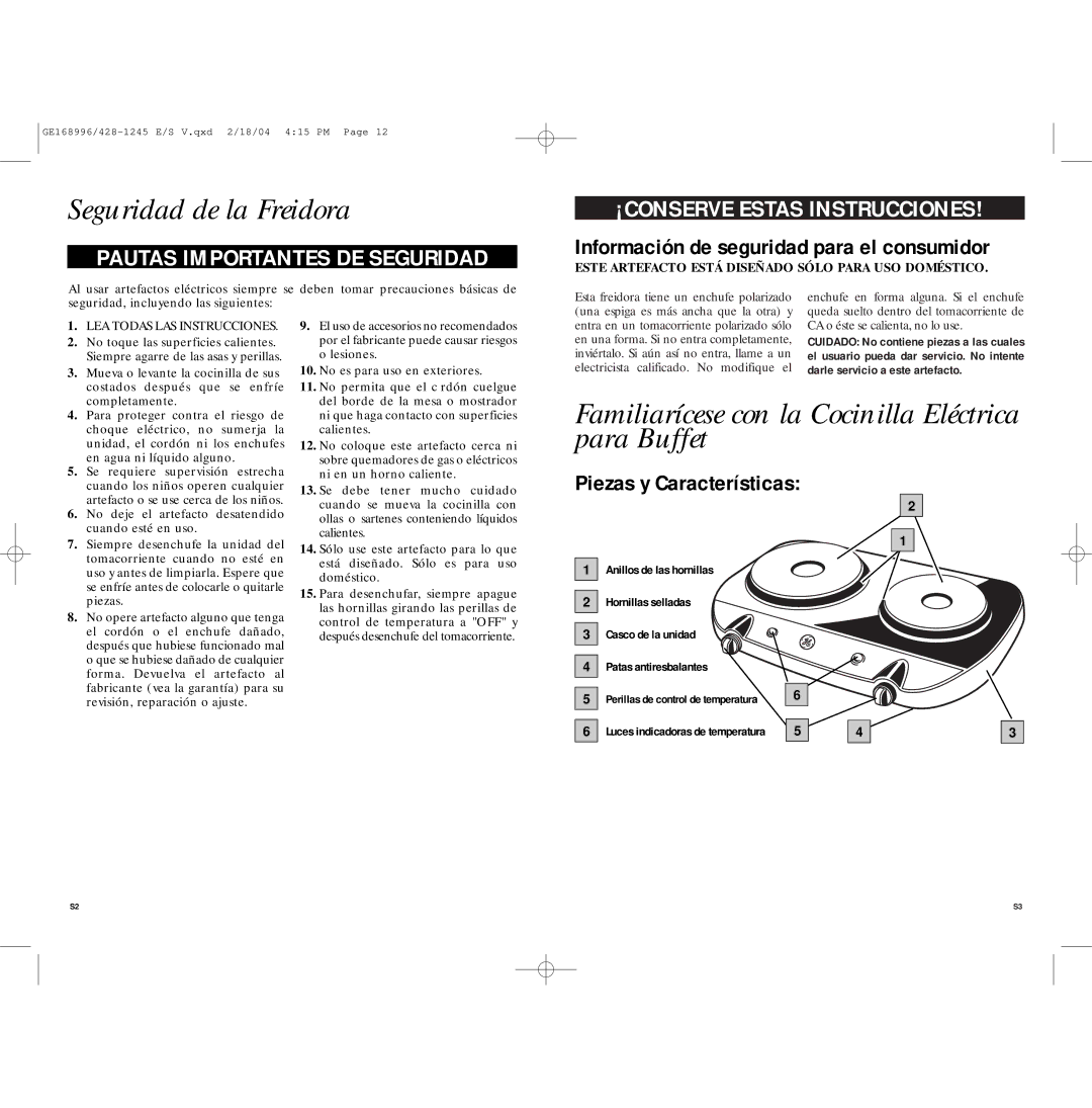 GE 681131689960 Seguridad de la Freidora, Familiarícese con la Cocinilla Eléctrica para Buffet, Piezas y Características 