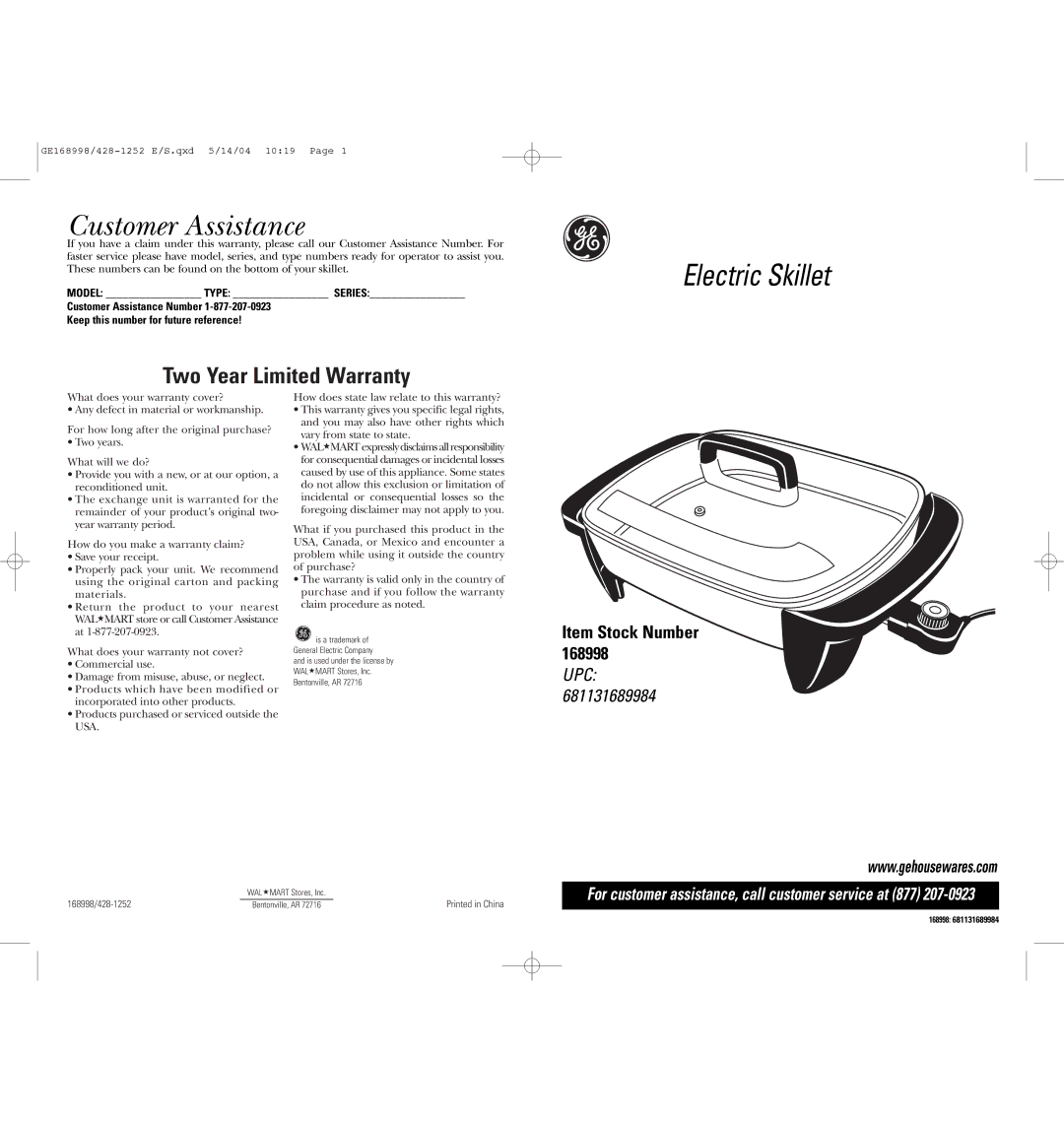 GE 681131689984 warranty Customer Assistance, Electric Skillet, Two Year Limited Warranty, Item Stock Number 