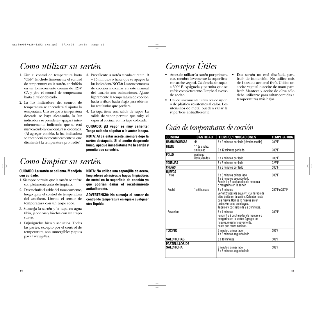 GE 681131689984 Como utilizar su sartén Consejos Útiles, Como limpiar su sartén, Comida Cantidad Tiempo / Indicaciones 