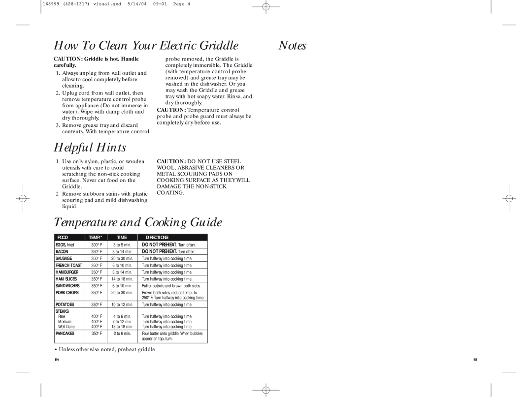 GE 168999 How To Clean Your Electric Griddle, Helpful Hints, Temperature and Cooking Guide, Food Temp Time Directions 