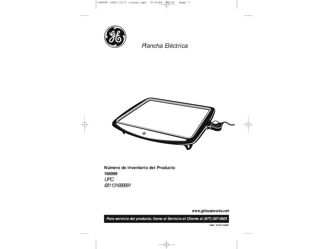 GE 681131689991 manual Plancha Eléctrica, Número de Inventario del Producto 