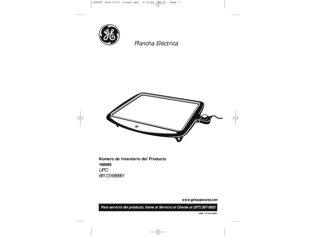 GE manual g Plancha Eléctrica, Número de Inventario del Producto, Upc, 168999 428-1317visual.qxd 5/14/04 09 01 Page 