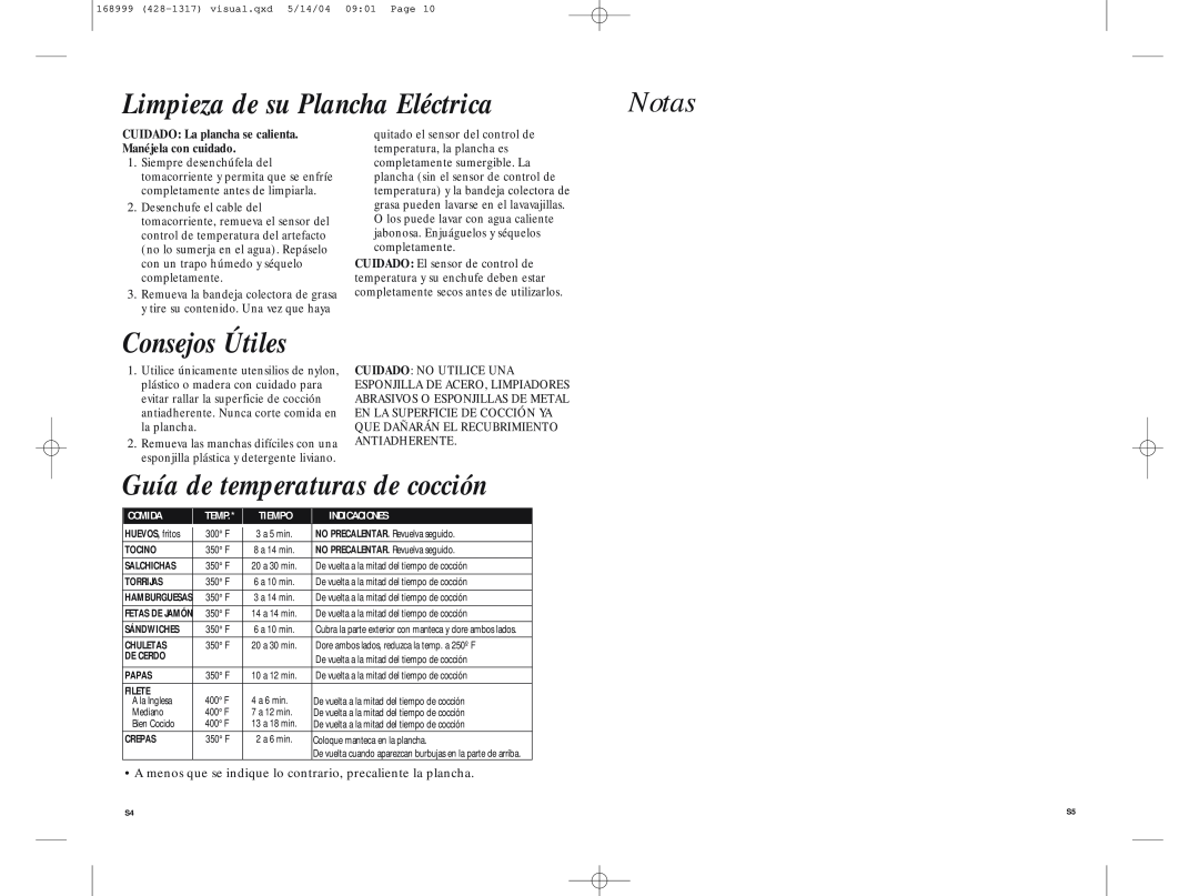 GE 681131689991 manual Limpieza de su Plancha Eléctrica, Consejos Útiles, Guía de temperaturas de cocción, Notas 