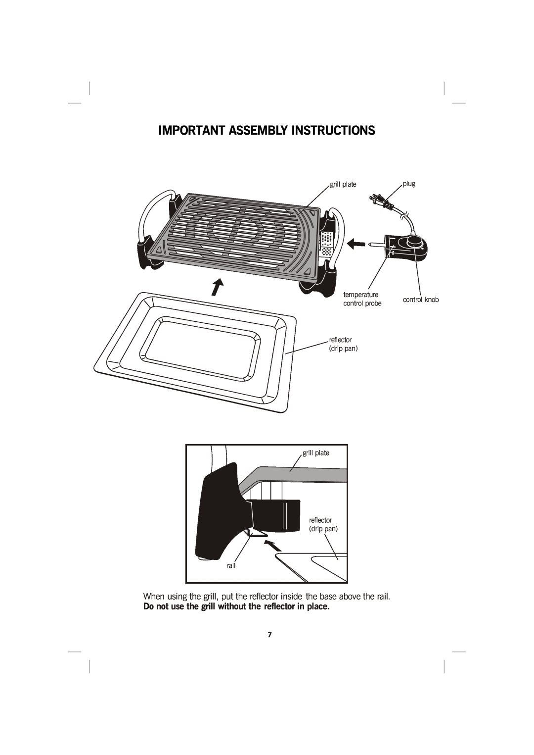 GE 169015 Important Assembly Instructions, Do not use the grill without the reflector in place, temperature control probe 