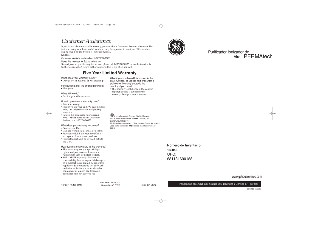 GE 681131690188 manual Customer Assistance, Aire PERMAtech 