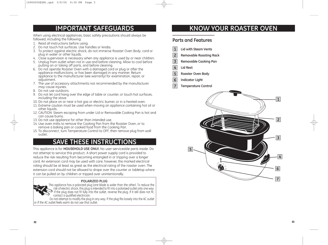 GE 681131690607 warranty Important Safeguards Know Your Roaster Oven, Parts and Features, Polarized Plug 