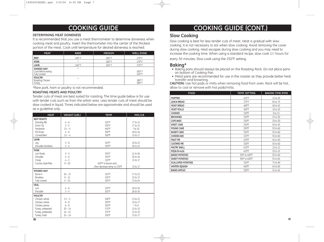 GE 681131690607 warranty Cooking Guide, Slow Cooking, Baking, Determining Meat Doneness, Roasting Meats and Poultry 