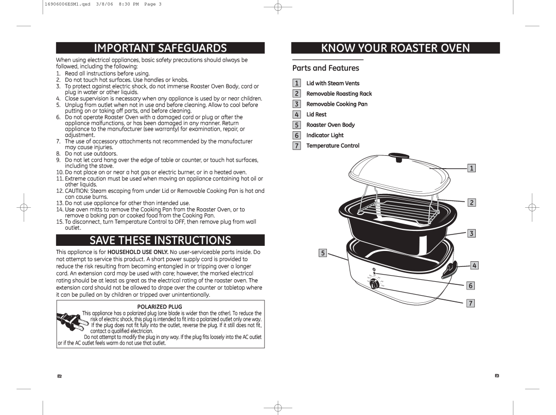 GE 681131690607 Important Safeguards, Know Your Roaster Oven, Save These Instructions, Parts and Features, Polarized Plug 