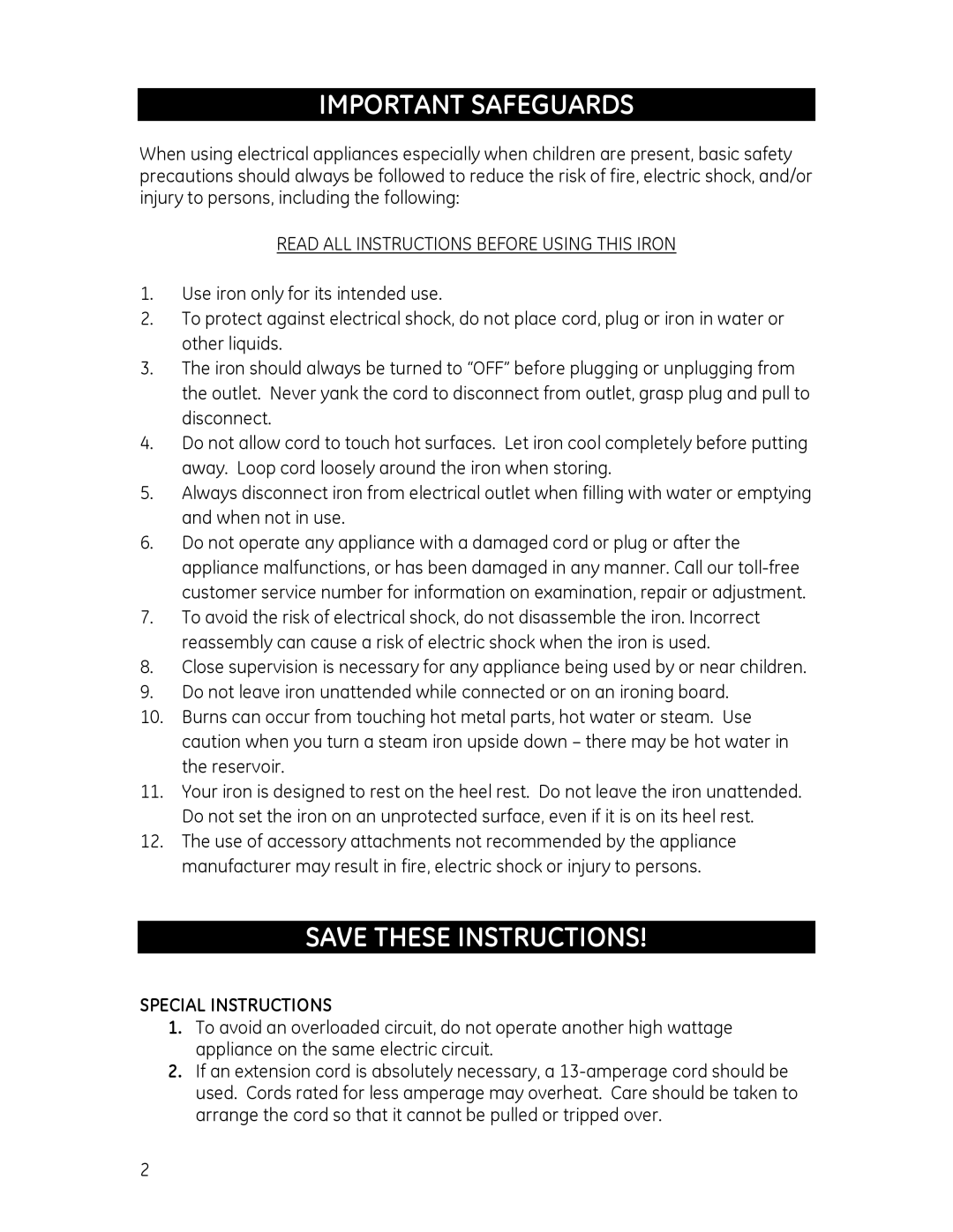 GE 681131690614 manual Important Safeguards, Read ALL Instructions Before Using this Iron, Special Instructions 