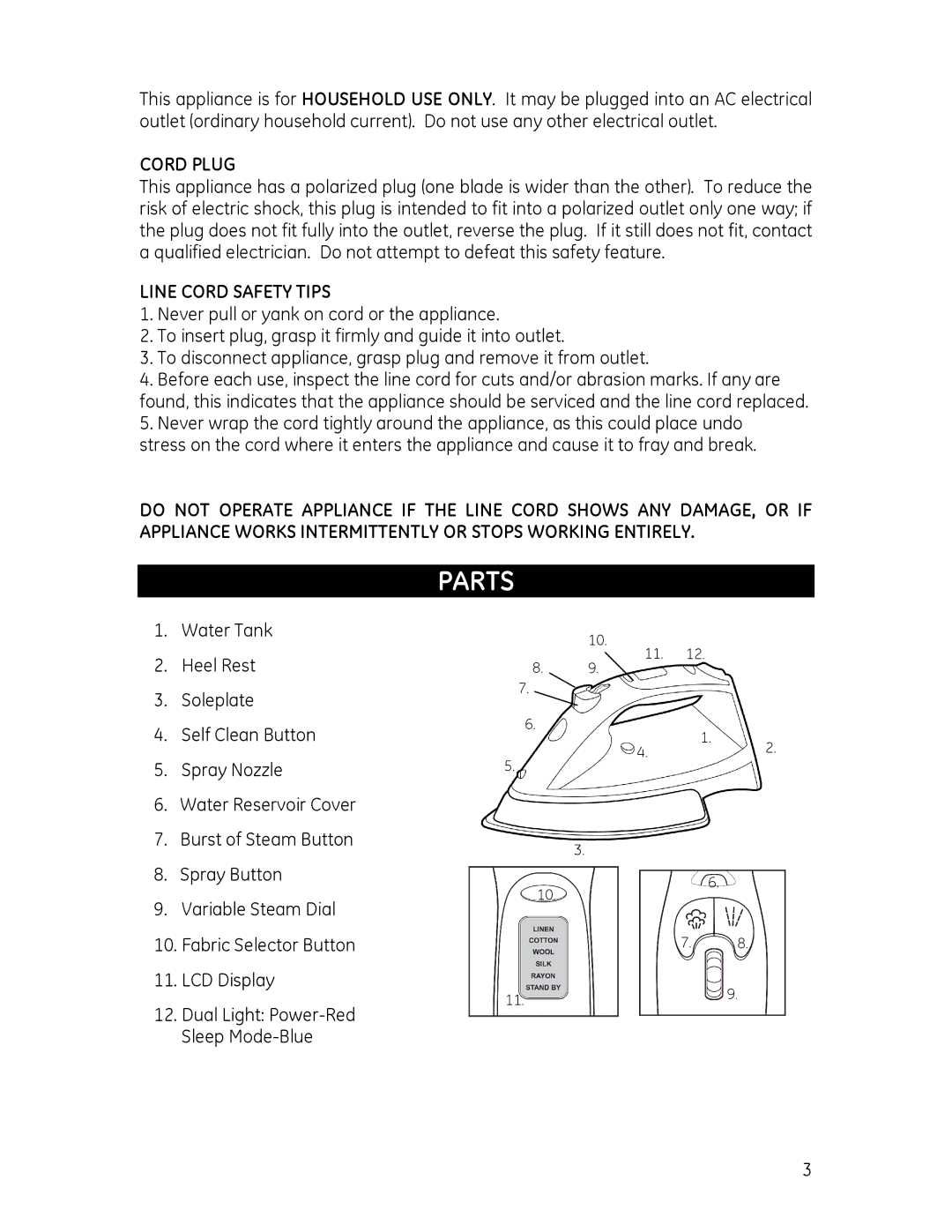 GE 681131690614 manual Parts, Cord Plug, Line Cord Safety Tips 