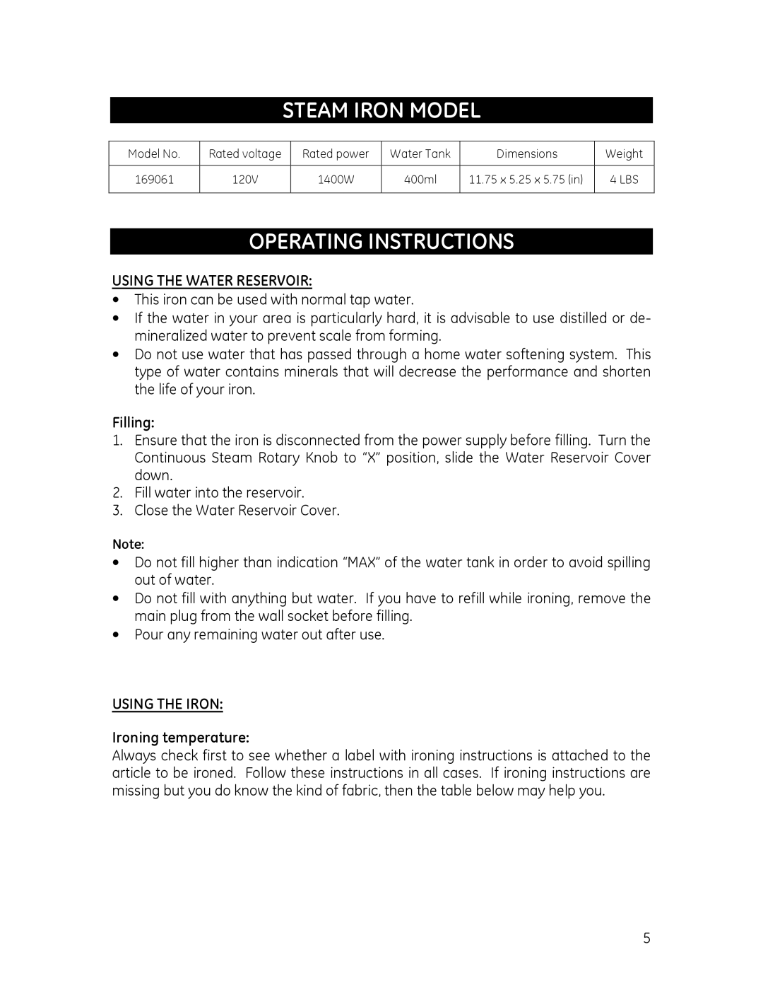 GE 681131690614 manual Steam Iron Model, Operating Instructions, Using the Water Reservoir, Using the Iron 