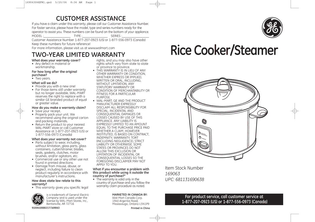 GE 9100410000217, 169063 warranty Any defect in material or workmanship, Two years, This warranty gives you specific legal 