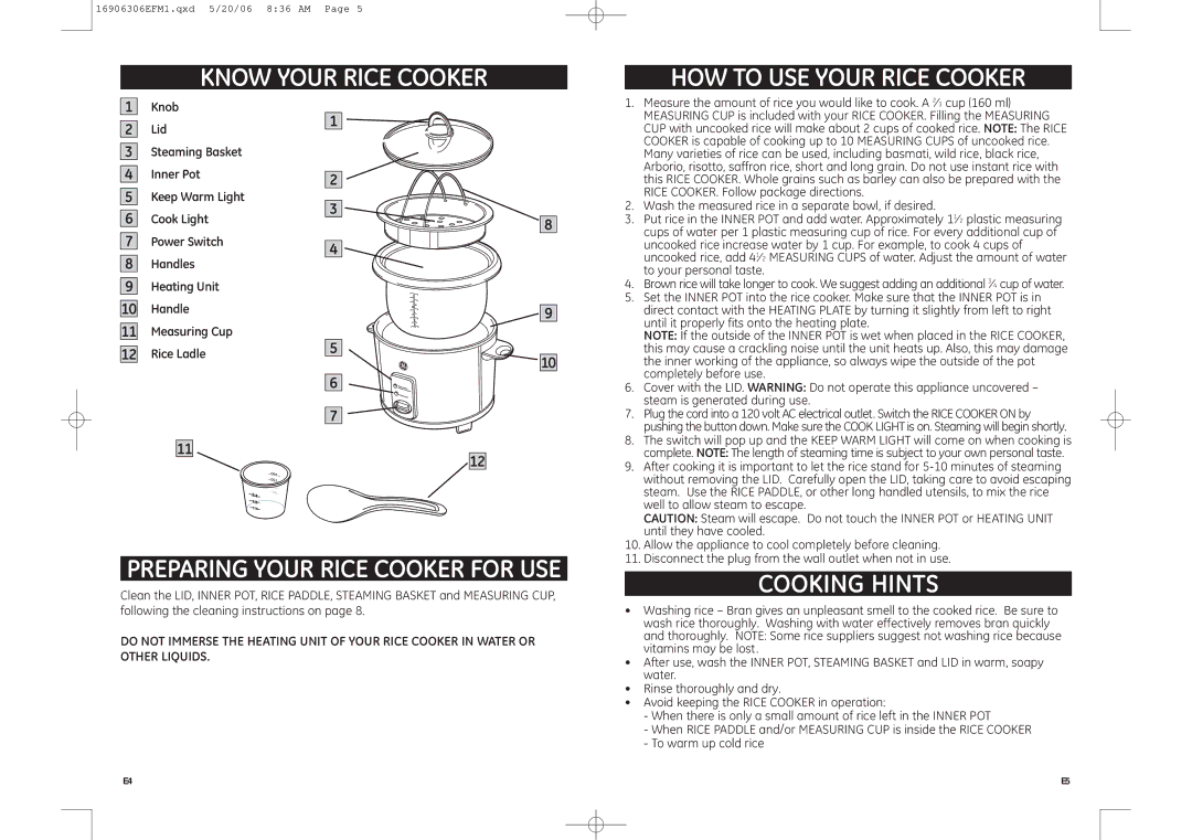 GE 681131690638 Know Your Rice Cooker HOW to USE Your Rice Cooker, Cooking Hints, Preparing Your Rice Cooker for USE 