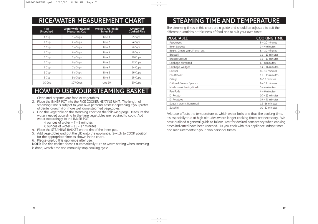 GE 9100410000217, 681131690638 warranty RICE/WATER Measurement Chart, Steaming Time and Temperature 